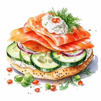 watercolour, clipart, white background, a sliced bagel with cream cheese spread on top. You can include toppings like smoked salmon, cucumber slices, or tomato