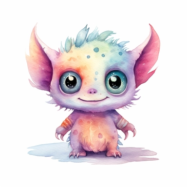 watercolour illustration, cute baby monster, big eyes, smiling, pastel, pale colourful, aquarrellist, clipart, isolated, white background,