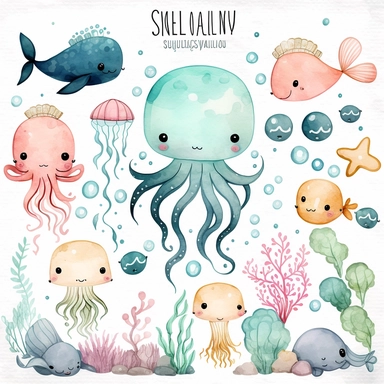 Undersea watercolor clipart, nursery decor, kawaii baby wall art, octopus, jellyfish, whale, cute ocean animals no text