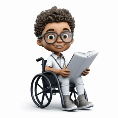 cute 3d cute little boy historian clipart, various ethnicities, in modern wheelchair, full body, on white background
