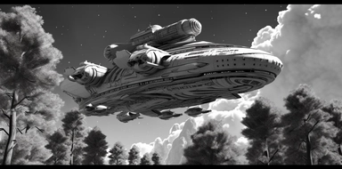 a black and white clipart illustration of a spaceship in the sky and trees, in the style of war scenes, ashcan school, konica auto s3, commission for, sculpted, 1970–present, xbox 360 graphics
