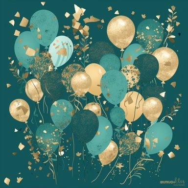 An illustration of Teal and Gold Balloons Clipart with glitter balloon overlays and confetti, in a playful and cheerful style. The balloons are round and bouncy, with a childlike quality to them. The confetti sparkles and shimmers, adding to the festive atmosphere. The overall color palette is warm and inviting, with a touch of whimsy.