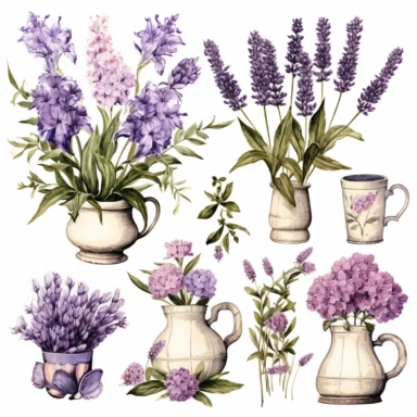 Vintage antique clipart, individual elements, with lavendar flowers, shades of lavender purple coloring, white background ,