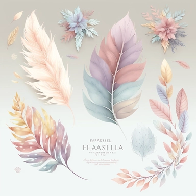 soft colorful pastel-colored leaves and flowers and feathers clipart set, colorful fairy pastel colors watercolor style, intricate and detailed, exquisite realism, use of fabric, soft and subtle watercolor style, plain white background