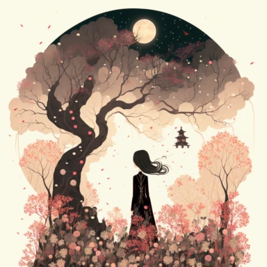 in the style of Ryo Takemasa, xuan loc xuan, Lisa Audit, Anastasia Suvorova, Jon Klassen, greg tocchini, single lady under sakura tree at night, fantasy, limpid, magical, mysterious, white background, vector, clipart, elaborate, ultra-detailed, best quality illustration, vibrant colors, high definition, UHD