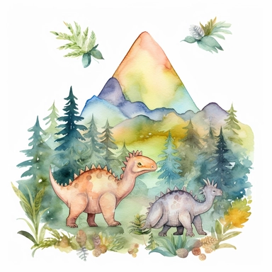 friendly, fluffy watercolor dinosaurs clipart, in mountains, forest, separated, seamless, transparent background--AR 3:2