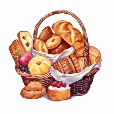 watercolor various breads on a white background with basket baskets full, in the style of grandparentcore, light maroon and light gold, poignant, loose gestures, made of all of the above, radiant clusters, folk/naïve Clipart desert cartoon t-shirt graphic, vector,contour, isolated on a white background