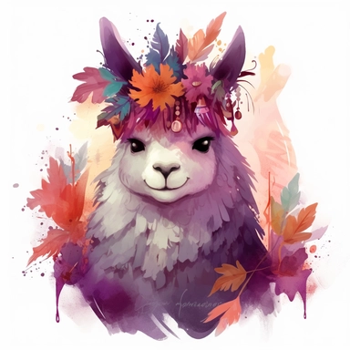 plump purple llama portrait game character, Wuxia, pumpkin crown on her head, kabuki, full body, hyper detailed, Studio Ghibli and Makoto Shinkai, cartoon style, 2d watercolor clipart vector, cozy, creative and imaginative, hd, white background