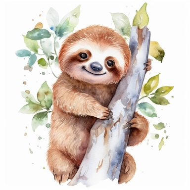 watercolor clipart, white background, charming cute and adorable perfect sloth having fun, perfect for stickers, perfect for print on demand