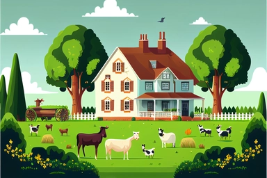 farm house cartoon, farm house with animals, farm house clipart , clipart, hand drawn, farm style, agriculture, green grass farm house, green grass area, farmhouse with agriculture, farm animals , light colors