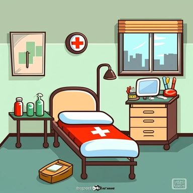 clipart style simple drawing of an empty nurse's office with a nurse bed and first aid kit in an elementary school