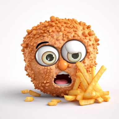 cute fried Nuggets character. Nuggets, cartoon, eye, illustration, funny, character, fast food, food, unhealthy, cute, face, fun, goofy, three-dimensional , Clipart, white isolated background, space out, hd, 8k, realistic