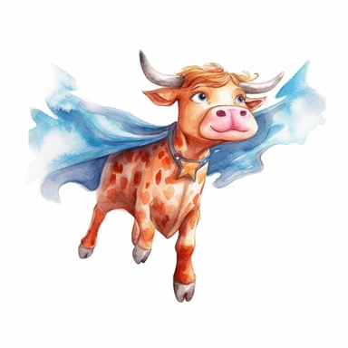 cute Watercolor happy cartoon superhero cow with long blonde hair flying up to the sky, side view, clipart, white background