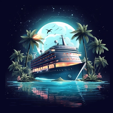 fantasy cruise ship in the moonlight, paradise island digital clipart on white background
