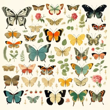 vintage ephemera clipart of butterflies suitable for printing in a junk journal. The images should be high-resolution. The images should be in a variety of sizes, ranging from small to large, and should be able to be easily resized without losing quality. Please include a mix of different butterfly species and designs, with a focus on intricate details and vintage charm