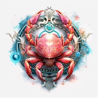 mystical astrological Cancer zodiac sign, fantasy, fairytale, storybook, 3D, clipart, digital painting, light ink, very detailed, very realistic, white background, bright mood, 4k quality