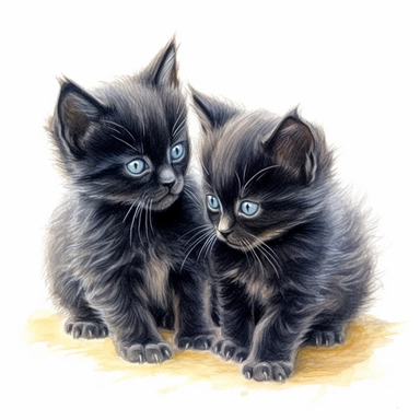 2 fuzzy black kittens playing, color pencil sketch on a white background for clipart