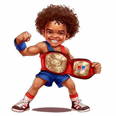 curly head Haitian Boy wins championship belt in boxing, red gloves, puerto rican flag shorts, clipart, white background