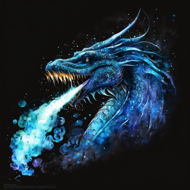 Watercolor clipart on a black background of a dragon breathing out a plume of sparkling blue flames