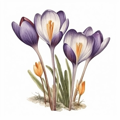 crocus flower in full lenght with leaves in watercolor clipart style, white backgorund