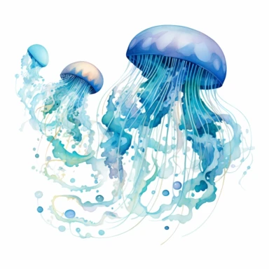 Amidst swirling hues of cerulean and azure, the watercolor jellyfish gracefully glided through an ethereal underwater tapestry, their tentacles trailing behind like elegant brushstrokes in a vibrant aquatic masterpiece. clipart on white background