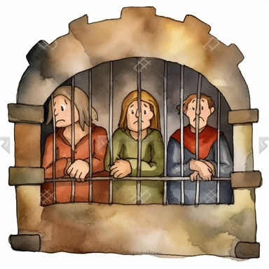 sad looking peasants behind a medieval dungeon cell watercolor clipart no fonts nor words no letters