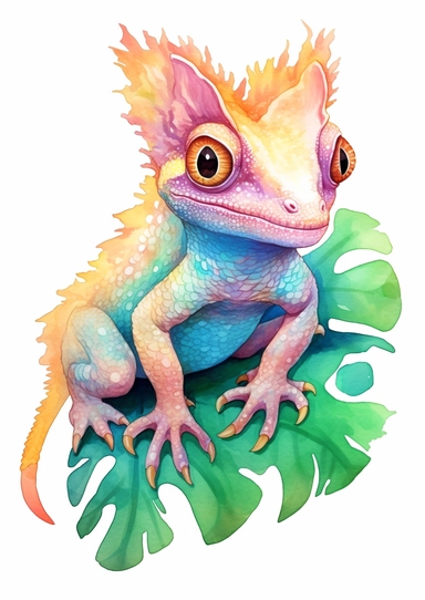 watercolor clipart, a Crested Gecko, full body, Pastel, luminous, glowy, illustration, simple, pencil drawn, vivid colors, by amy sol and magali villeneuve and susan bourdet and ross tran, intricate, illustration, 8k, png, isolated on white background