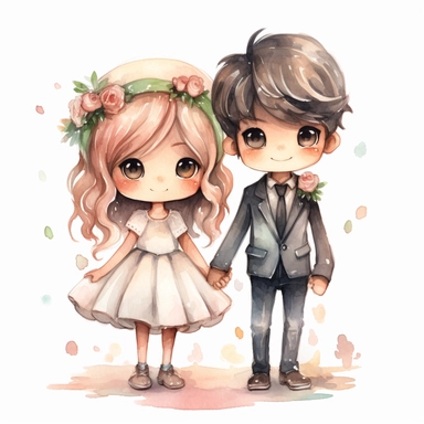 full body Little bride and groom, fantasy Watercolor Clipart, strybk, full Illustration, 4k, sharp focus, watercolor, smooth soft skin, symmetrical, soft lighting, detailed face, concept art, muted colors, watercolor style, strybk, children's style fairy tales, chibi kawaii, . Octane rendering, 3d. Perfect face, detailed face, delicate face, perfect sharp lips, detailed eyes. Craig Davison, Aubrey Beardsley, Conrad Roset, Aikut Aidogdu, Agnes Cecil, watercolor style