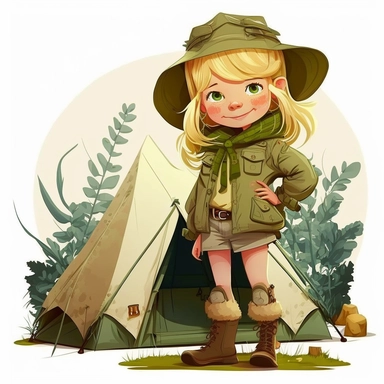 a cute scout girl, clipart, full body, blond, in nature with tent