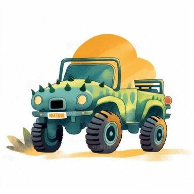 jeep in jurassic park on isolate white background, simple design, illustration, flat colors, simple lines, graphic novel style, 2d painting, watercolor painting style, trending on art station, digital art, childrens character design, happy mood, watercolor, pixar style cartoon, without line work, minimalist, clipart