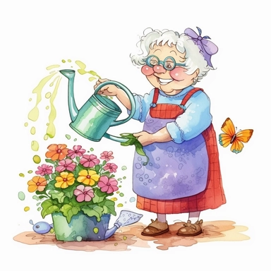 Granny watering flowers, Grandma, illustration, extremely detailed, illustration clipart, on white background, watercolor