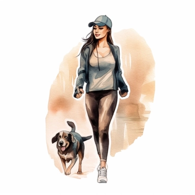a watercolor sticker of an attractive woman in black workout croptop vest, legging and nike cap walking her dog confidently. Clipart. Neutral beige faded color palette. White background. Artistic illustration. Hand-drawn.
