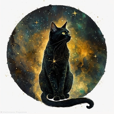 a sitting skinny pagan black cat in front of big starry sky portret, clipart, moon, watercolors, white background, stars, planets, galaxy, magical, ornaments, little golden stars, full body, pictorial space, sparky, golden glitter, oraneg eyes, use Cool Color Palette