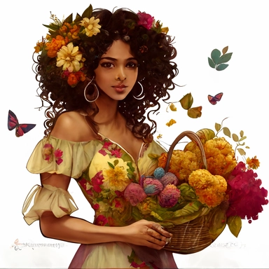 a gorgeous Indian woman, curly hair with ruffles, big basket with flowers in her hand, wool style, luxury, chain of flowers in the background, butterflies, dandelions, vibrant colors, dressed in several dresses, white background, clipart