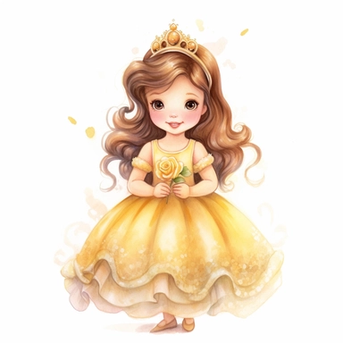 Toddler princess belle cartoon watercolor, round face delicate her long hair sharp and detailed her outfit with a book, like the original princess, character should be well drawn with soft tones a very clear smile confident and a head lightly painted in watercolor the character is a one year old baby should be on a white background clipart