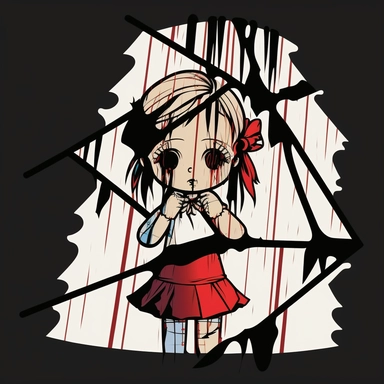kawaii but creepy marionette being manipulated and face shattered into a prism, borderline personality disorder, identity crisis, mental slavery and prison Japanese manga style clipart