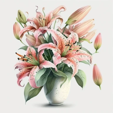 Watercolor realistic detailed pink tiger lily bouquet in a stunning vase clipart, white background, no text