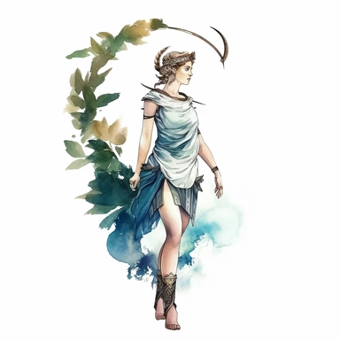 Fantasy Style Ancient Rome style Diana God and A crescent moon on her head with watercolor effect,Bay leaves,suitable for digital clipart,white background,Mythologic Scene,Ancient rome fashion,full body