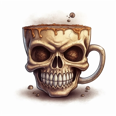create an image of a coffee cup shaped like a skull, full of dark coffee, clip art, cartoon style, dark humor, white background, gloomy, grim, smiling, steam coming out, light colored cup, skeleton style, cracked bones, hd