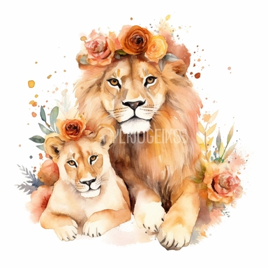 family, baby, lion and lioness,Watercolor Clipart high quality, white background , lion and lioness, cute, love