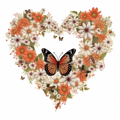 clipart style image of a hollow heart shape made up of flowers and butterflies