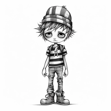 little boy doll style, thin black contour lines, jeans, sneakers, striped hat, spiky hair, cartoon, clipart, cute eyes, illustration for kids, disney,