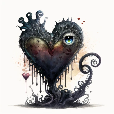 dark academia, heart, fairytale, folk art, hr giger, watercolor, white background, clipart, cute, illustration, comic, glitter, magic