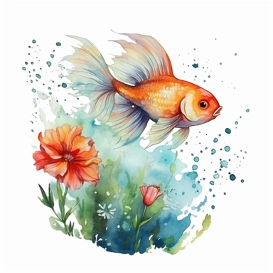 clip art watercolor, a cute fish is jumping in the water of a pond, water, flower and leaf backgruond, colorful watercolor, white background, adult watercolor design, Full HD design, clear fresh design, smooth design, 8k