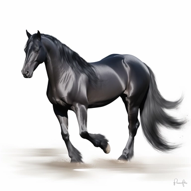 A clipart that shows a majestic black horse in a graceful pose on a white background. The horse's body is elegantly curved to emphasize its beauty and grace. It may be standing on a slight hill or in an idyllic landscape. The water colors give the clipart a soft and flowing look. The colors can be soft and pastel to create a calm atmosphere. Use different shades of blue for the background to create a natural water or sky look. The contours of the horse are subtle and well defined to clearly show