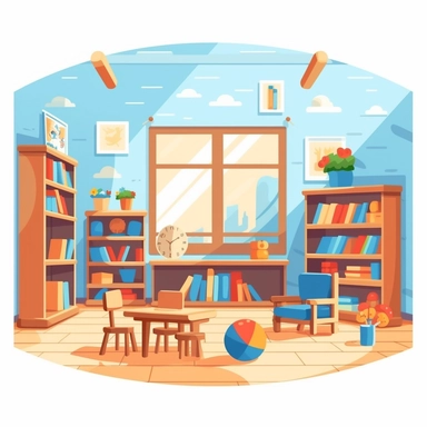 a kindergarten clasroom with books, crayons, blocks, papers and toy cartoon vector clipart in of style flat and simple and roundy illustration for little kids