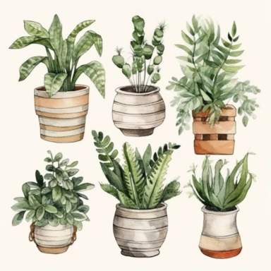 6 spaced out clipart, watercolor cute boho house plants, neutral tones