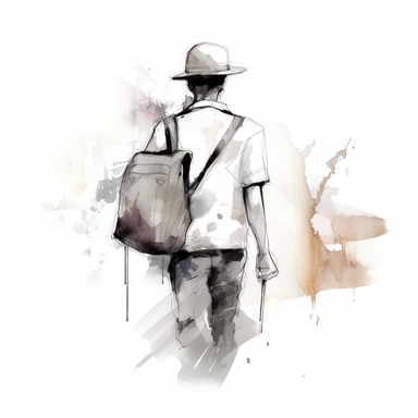 Minimalist near abstract fast moving blurred and half erased raw sketch of a Back travel guy with hat holding luggage, whole body male, Watercolor style, Clipart, calligrahic brushes and charcoal ink fineliner and wide strokes on white background with margins