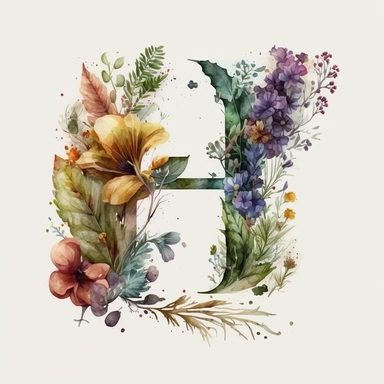 Watercolor botanical flower letter H, clipart, colorful, white background