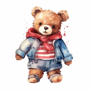 draw charming watercolor illustrations of a teddy bear wearing a shirt, the same character in different situations sitingn watercolor, single object, watercolor illustration, cartoon clipart, white background for removing background